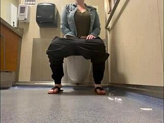 Big tits and great orgasm in public bathroom