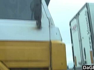 Brunette babe masturbates in the car backseat