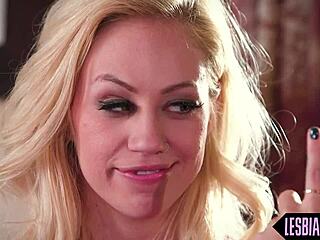 cute blonde girlfriend dives into her friend's hairy pussy with oral pleasure