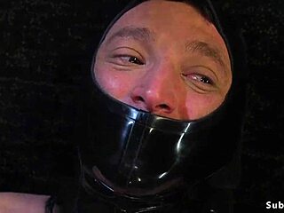 busty domme in lingerie whips bound man hard