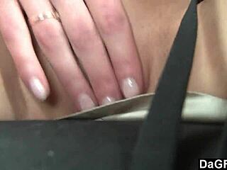 Brunette babe masturbates in the car backseat