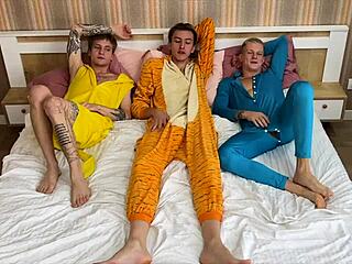 At Pajama Party Guys Have Hard Sex With Shemale Twink