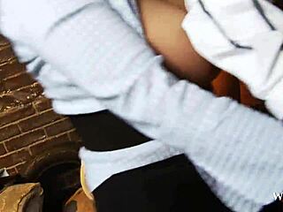 Whorny films busty blonde in steamy alley foursome.