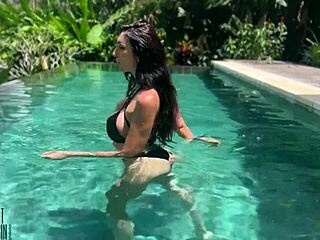 Hot milf gets fucked by the pool, cum on face