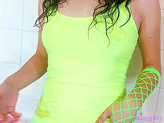 Latina shows wet tits through shirt in shower