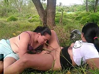 Colombian milf with hairy big ass masturbates outdoors as amateur prostitute in lesbian escapade, getting her pussy eaten deliciously