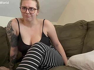 Emily farting loudly in stripped leggings up close