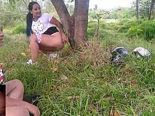 Colombian milf with hairy big ass masturbates outdoors as amateur prostitute in lesbian escapade, getting her pussy eaten deliciously