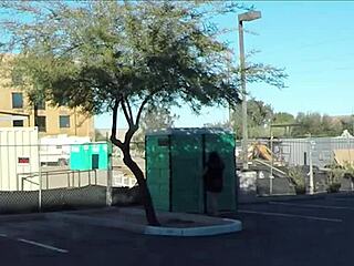 porta gloryhole at construction site offers wild outhouse blowjobs and swallows