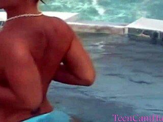 Bold Teen 18+ Model Teases Big Tits in Bikini by Pool