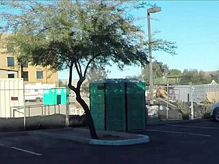 porta gloryhole at construction site offers wild outhouse blowjobs and swallows