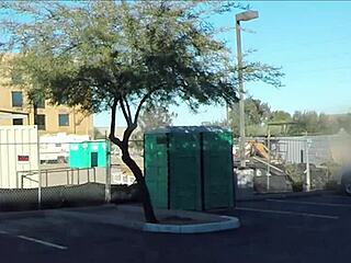 porta gloryhole at construction site offers wild outhouse blowjobs and swallows