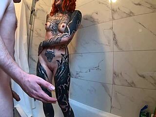 the couple has an intimate shower in the bathroom, with tattooed latina xio xander looking beautiful
