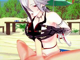 我看Arlecchino在海滩比基尼里用力操，在原神幻想中