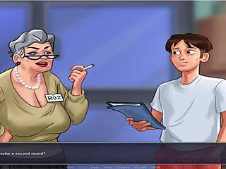 in summer time saga, the old and busty character appears. she has big tits in the game.