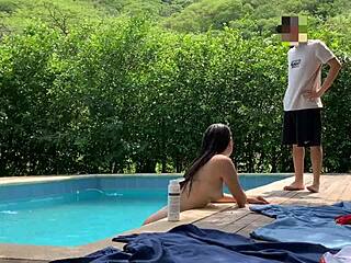 Natasha and Megan Swim Naked with Lucky Pool Guy