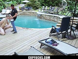 skinny perp takes officer's load in shop.