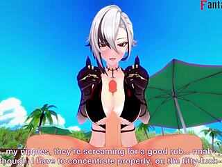 i watch arlecchino fucking hard in bikini on the beach in genshin impact fantasy