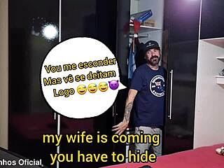 Blindfolded wife rests while husband's friend hides in closet.