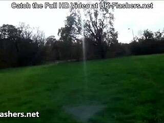 Is this British MILF flashing her pussy outdoors?