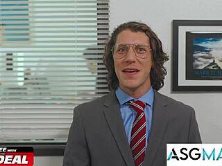 Hot guys sneak gay hookup in office parody.