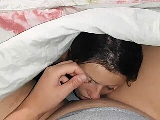 My neighbor sneaked under my blanket for intense lesbian licking.