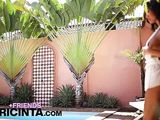 Putri Cinta flaunts tiny wet pussy by the pool.