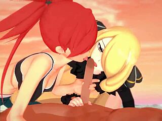 pokemon threesome with blonde flannery and redhead cynthia on the beach