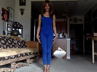 ginger mistress in blue teases you, lay down, comedy nipples, smiles, try to lick myself?