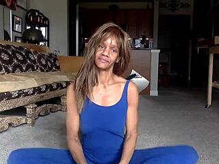 ginger mistress in blue teases you, lay down, comedy nipples, smiles, try to lick myself?