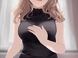 anime girl in black dress riding dick, getting covered in cum