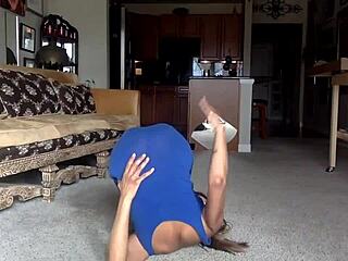 ginger mistress in blue teases you, lay down, comedy nipples, smiles, try to lick myself?