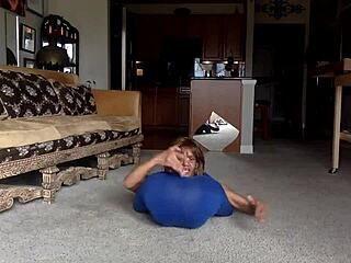 ginger mistress in blue teases you, lay down, comedy nipples, smiles, try to lick myself?