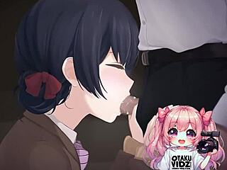 Anime girl worships cock on knees.