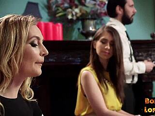 Dom asks, 'Ready for this BDSM trio?' Submissives bent over, one licking pussy eagerly.