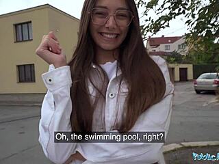 Public agent babe gives blowjob in pool