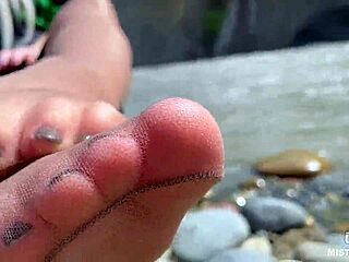 Wow! Goddess in Tan Nylons Teases Cute Soles by Riverside