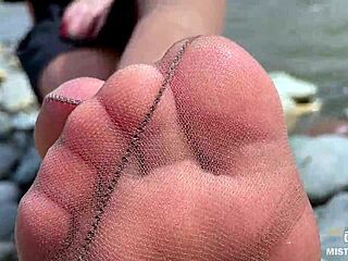 Wow! Goddess in Tan Nylons Teases Cute Soles by Riverside