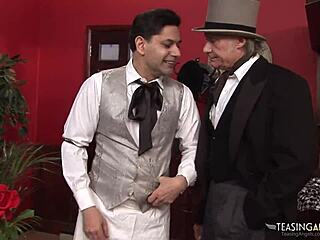 Amazing maid loves sharing those delicious cocks with another babe on the sofa