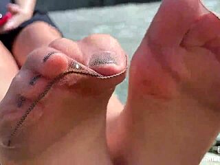 Wow! Goddess in Tan Nylons Teases Cute Soles by Riverside