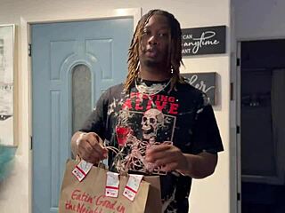 Delivery guy trapped by horny customer in sticky seduction mess