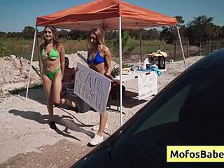 Jc Wilds enjoys Johnny Love's monster cock during car wash fundraiser.