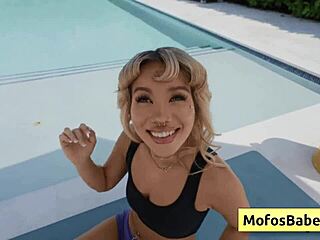 sexy blonde teen reveals round butt by pool for big cock blowjob pov