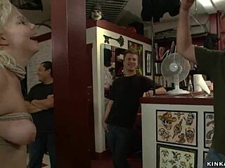 slut gets throat-banged in tattoo shop hard. total humiliation in public... damn! 😱