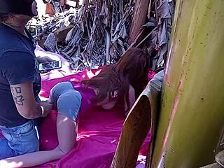 Brunette amateur uses sex toy on pussy in public outdoors