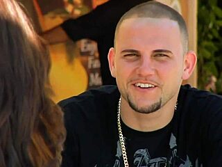 Check out this horny brunette in fishnet getting a quickie with her natural tits