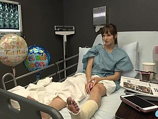 Public hospital sex with milf flashing bf, jerking him off till he cums on my tits