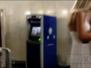 Blonde flashes upskirt under skirt in hidden cam