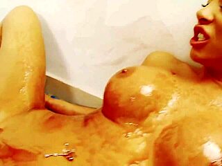 Fake tits lesbians lick syrup off each other