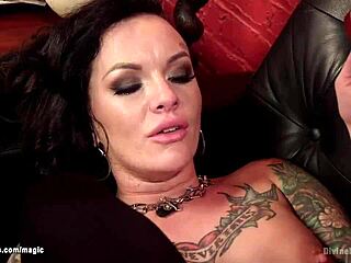 yo, watch this punk rock goddess dominate with a strapon on inked guy!
